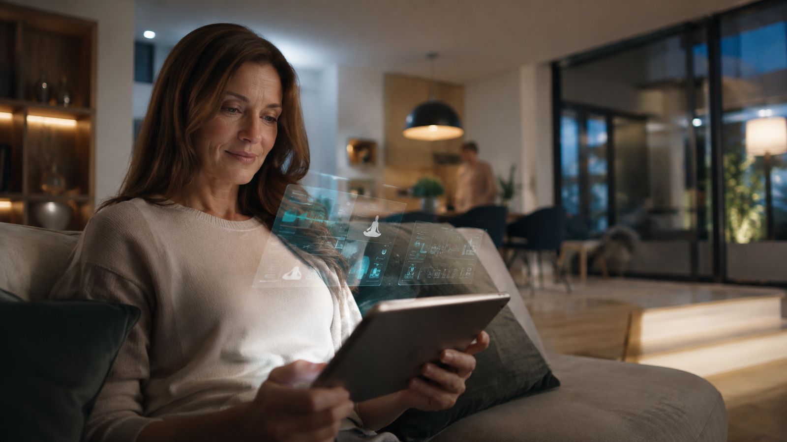 A reader at home with a tablet projecting soft holographic content in low evening light
