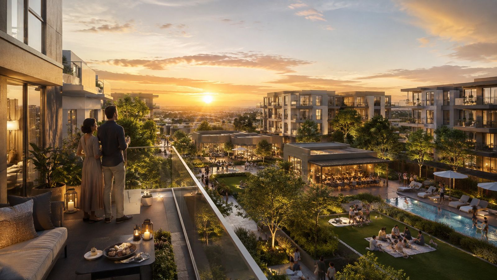 A master-planned community at sunset seen from a rooftop terrace, people gathered as the light goes gold